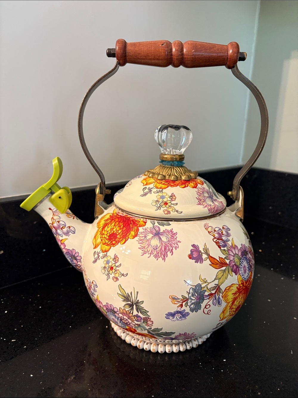 Mackenzie Childs Whistling White Floral Market Teapot w Wood Handle DISTRESSED
